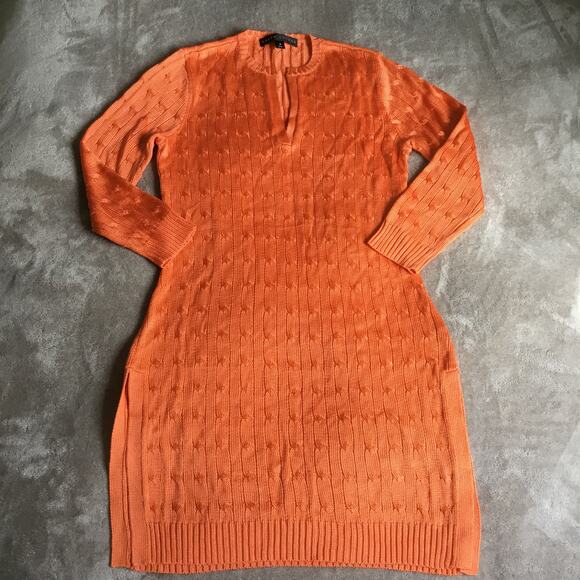 Ralph Lauren Dresses & Skirts - Ralph Lauren Black Label Orange Silk V-Neck Cable Knit Long Sleeve Dress, Size M